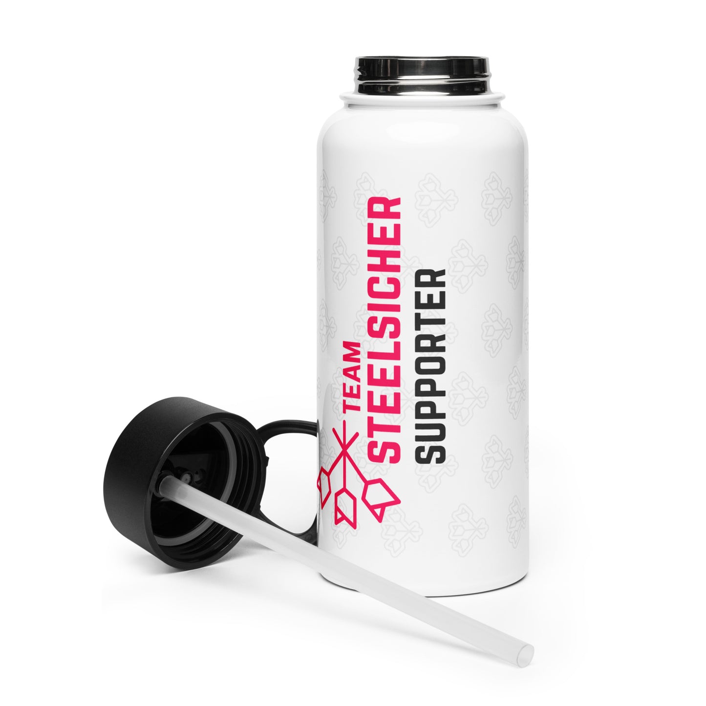 Team Steelsicher OFFICIAL SUPPORTER Edelstahl Trinkflasche mit Strohhalm