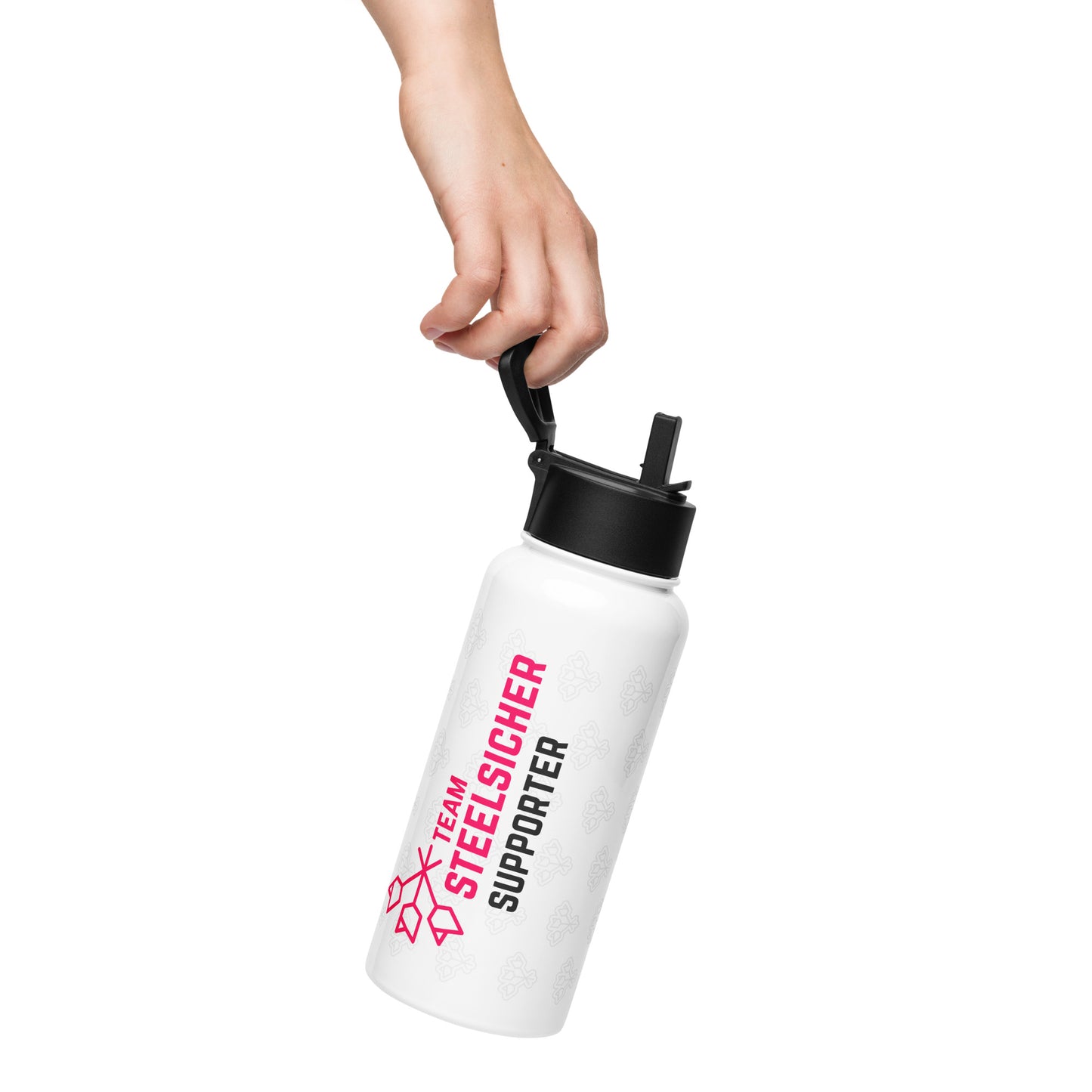Team Steelsicher OFFICIAL SUPPORTER Edelstahl Trinkflasche mit Strohhalm